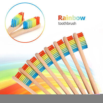 10X Medium-Bristle Bamboo Toothbrush Rainbow Wood Teeth Brush Fibre Wooden Hand