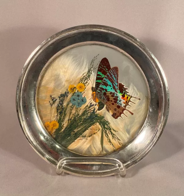 Frank M. Whiting Sterling Silver Glass Pressed Butterfly Wildflower Tray