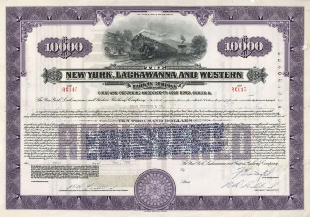 New York, Lackawanna and Western Railway Co. -$10,000 Bond - Railroad Bonds
