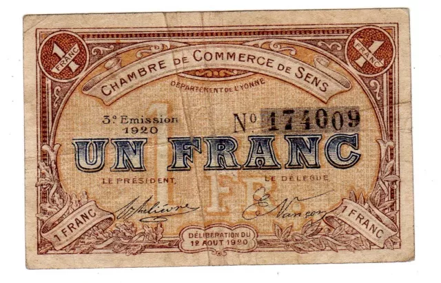 France Chambre De Commerce De Sens Billet 1 Franc 1920 Billet De Nécessite