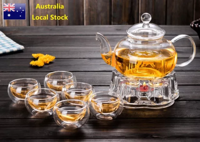 8 Piece Glass Tea Set 600ml Glass Teapot With Infuser + 1 Teapot Warmer + 6 Cups