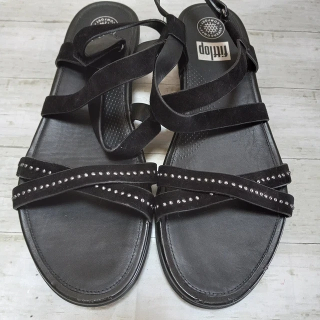 Women's FitFlop Lumy Criss Cross Suede Strappy Sandals with Studs Black 10