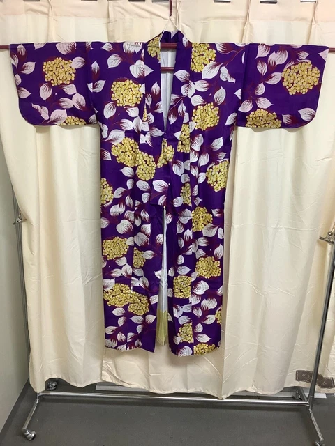 Japanese Vintage Kimono pure silk purple hydrangea stain length 52.75 inch used