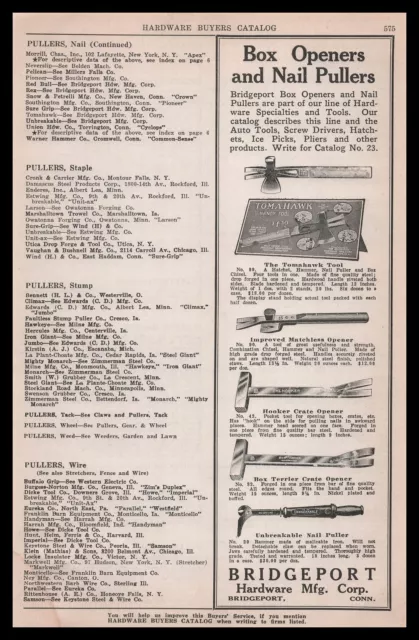 1928 Bridgeport Hardware Connecticut Tomahawk Tool Hooker Crate Opener Print Ad