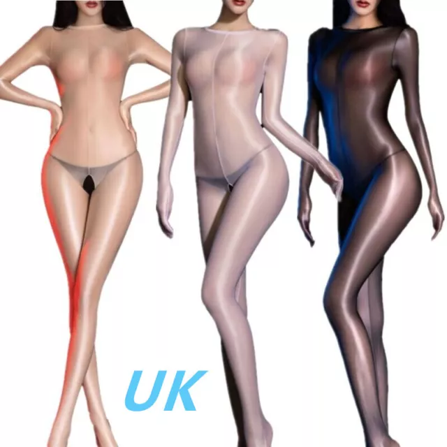 Womens Glossy Silky Full Body Bodysuit Open Crotch Jumpsuit Catsuit Bodystocking