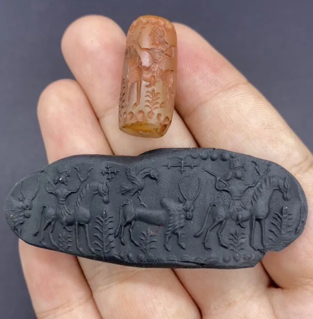Old Antique Agate Stone Intaglio Cylinder Seal Stamp Ancient King On Ride Scene