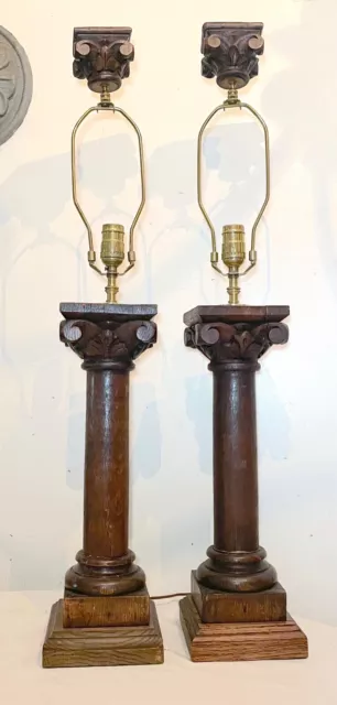 pair of antique 1800's carved wood figural sculpture architectural salvage lamps