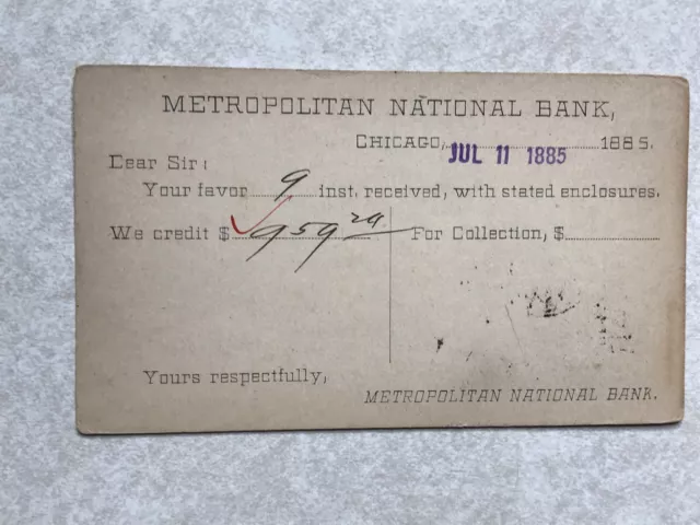 G862 Postcard Postal Card Metropolitan National Bank Chicago 1885