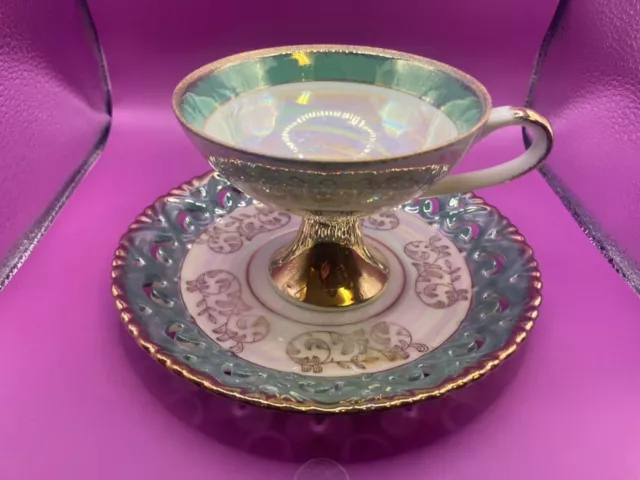 Vgt Green &Gold Floral Iridescent Pedestal Teacup & Saucer Hand Paint Japan 1424