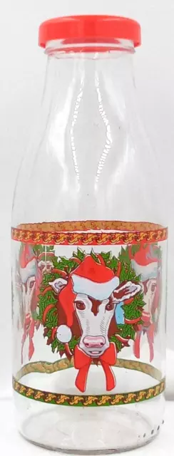 Cow Milk Jug Glass Bottle Plastic Cap Santa Hat Wreath Christmas Red France Qt