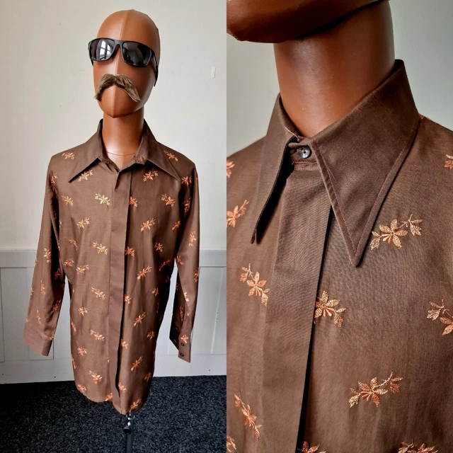 Camicia Vintage anni '70 Collare Pugnalato | Grande | Marrone Ricamato Fiore Discoteca ZE55