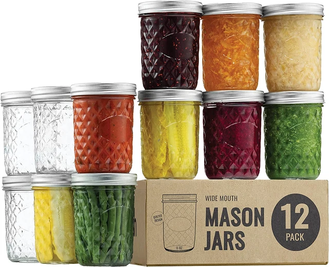 MASON JARS 16 Oz 12Pack Quilted Wide Mouth Glass Jars with Lid