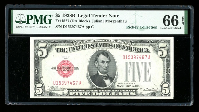 DBR 1928-B $5 Legal Gem Fr. 1527 DA Block PMG 66 EPQ Serial D15397467A