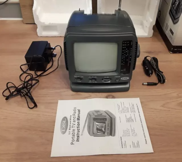 Vintage DSL 5,5 Zoll schwarz & weiß tragbarer Fernseher mit AM/FM Radio & OVP