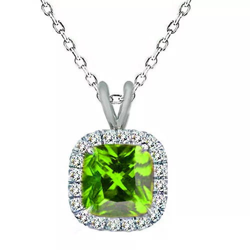 7mm 925 Silver Cushion Cut Peridot Gemstone Silver Halo Pendant 18" Chain