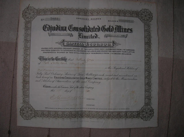 1000 gold Mining share certificate with a receit of purchase
