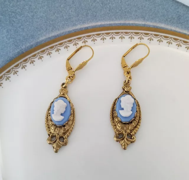 Vintage 14x10 BLUE CAMEO EARRINGS Victorian Style LEVER BACK JEWELRY