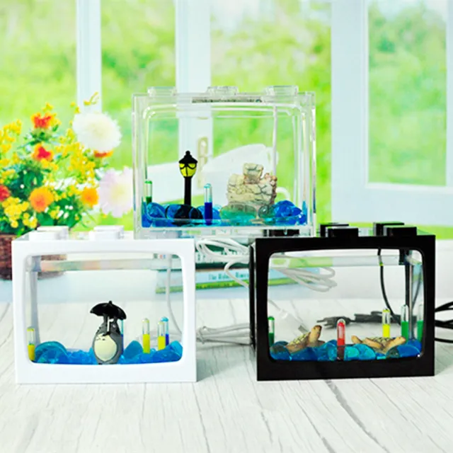 USB Mini Fish Tank Small Aquarium LED Light Home Decor Kids Gift Office Desktop 2