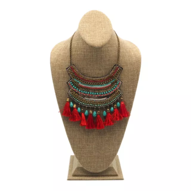 Brass Tone Hand Sewn Mixed Material Multi Colored Beaded Tassel Bib Necklace