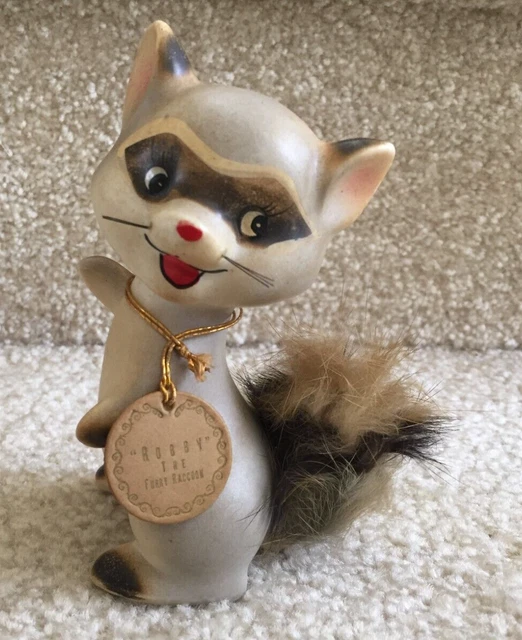 Vtg Japan Ceramic Raccoon Figurine Fur Tail "Robby the Furry Raccoon" FREE SHIP