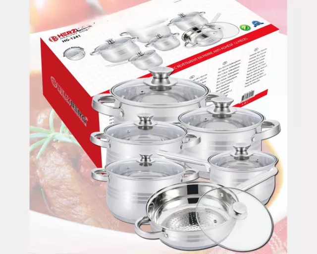 Ensemble 12 Pièces Batterie de Cuisine en Acier Inoxydable,  Herzberg HG1241-IX