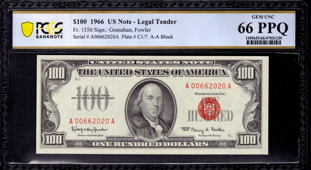 1966 $100 Legal Tender Red Seal Currency Fr.1550 Aa Block Pcgs B Gem Unc 66 Ppq