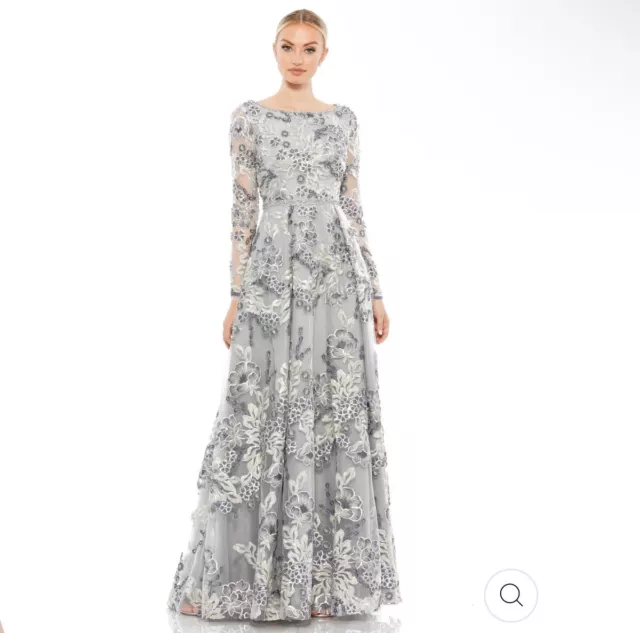 MAC DUGGAL 11185 Platinum Floral Embellished illusion Sleeve A-Line 8 NWT $798