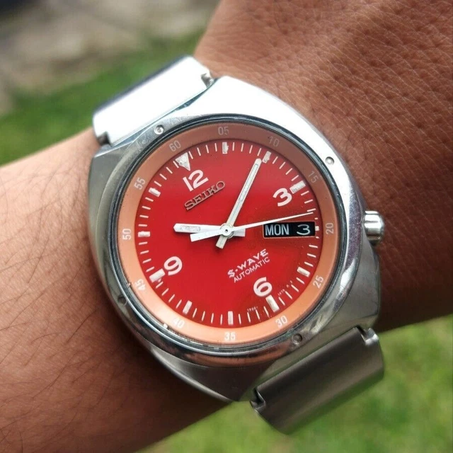 RARE MONTRE HOMME Seiko S Wave Cadran Rouge Automatique Jour Date ...