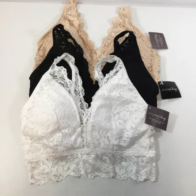 Smart & Sexy Womens In The Buff White Black Signature Lace Bralette Sz XL 3 Pack