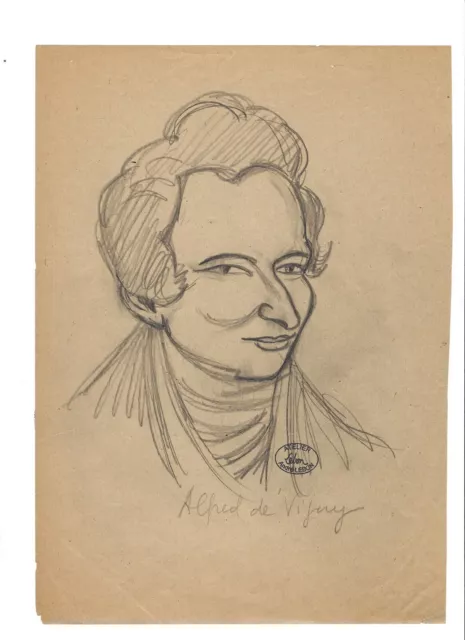 VIGNY Alfred de: Pencil portrait of the writer made by LEBON and signed