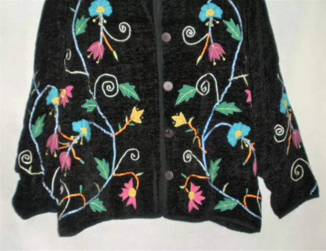 Women LIFESTYLE PLUS 2X Cardigan Sweater Jacket Black Floral Embroidered Knit 3