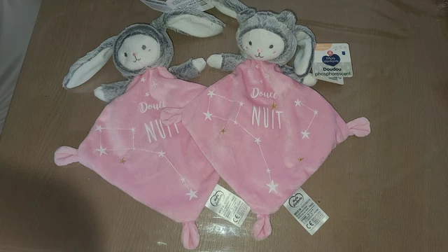 Lot Deux doudous mots d enfants ours lapin Rose plat phosphorescent  douce nuit 
