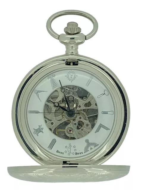 New Mechanical Silver Tone Double Hunter Masonic Pocket Watch And Chain