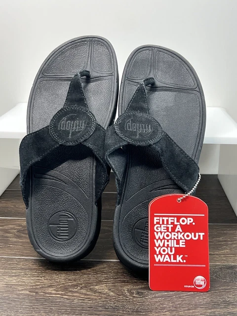 Fitflop Women's Oasis Black Leather Orthopedic Toning Thong Sandals W/9 NEW