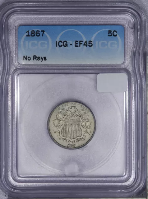 1867 Shield Nickel 5c No Rays ICG EF45 XF45