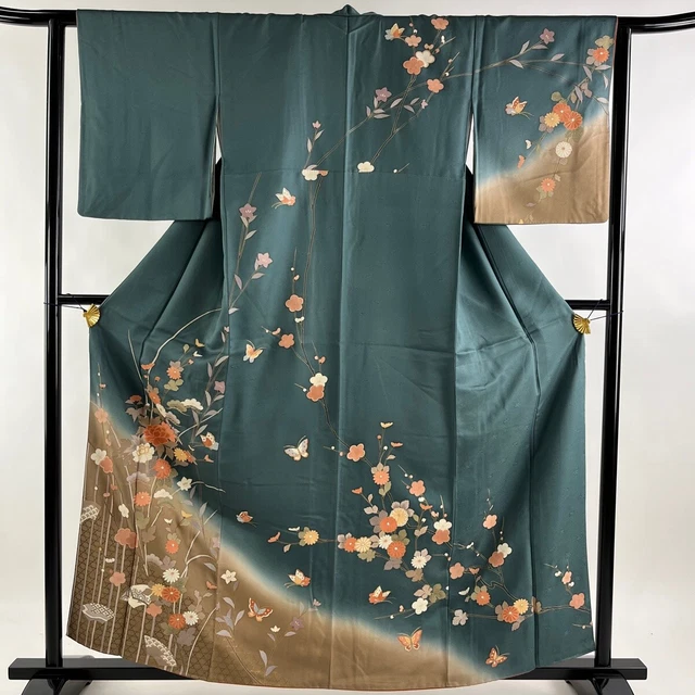Japanese Kimono Silk Houmongi Vintage Gold Leaf Plum Butterfly Dyed Green 62"