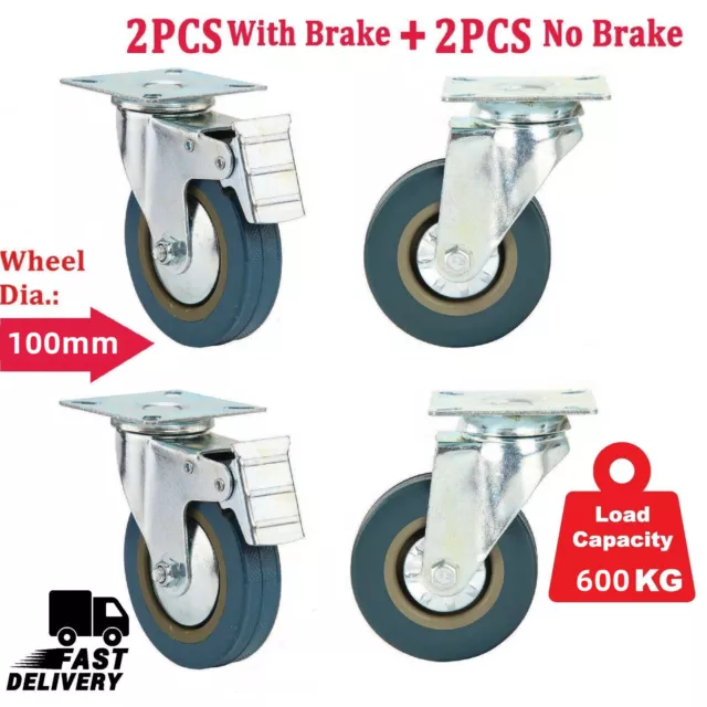 4 x Heavy Duty 600KG 100mm Rubber Swivel Castor Wheels Furniture Trolley Caster