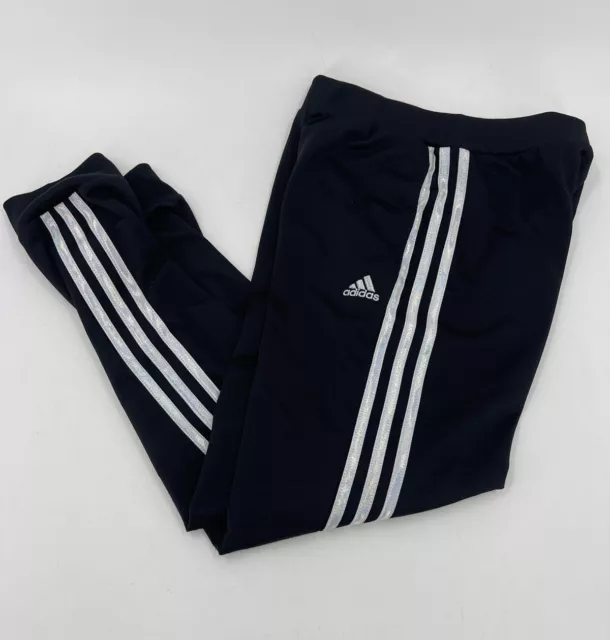 Adidas Girls shiny silver Jogger sweat pants Black Silver Stripe 10/12 Medium