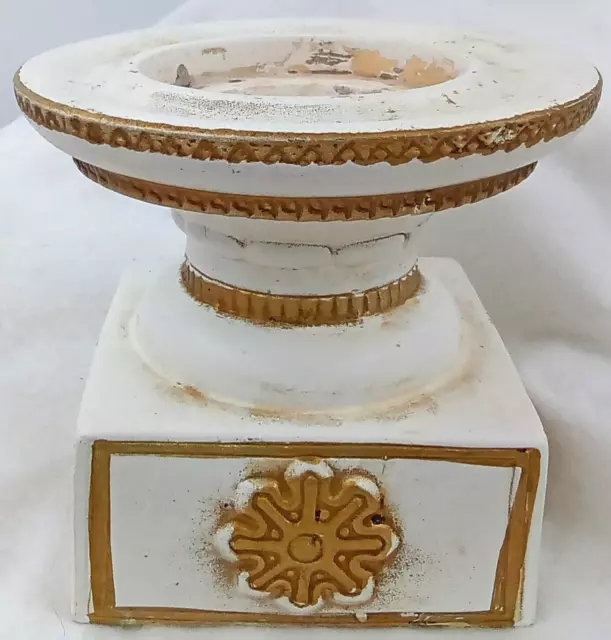 Pillar Candle Holder Ceramic White Gold Rustic Distressed Weathered Pedestal 5"