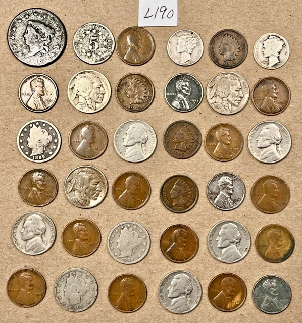 Estate Lot Of 36 Old Coins 1828 Large Cent Buffalo Nickels Silver Dimes #L190