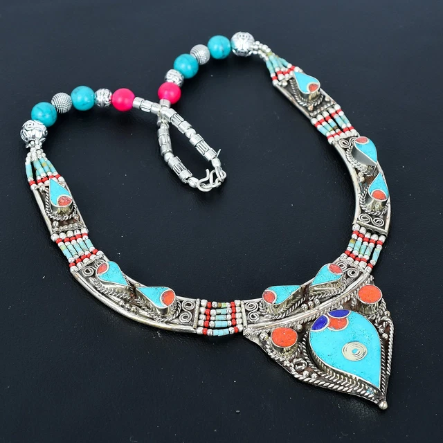 Collier Népalais En Argent Sterling 925 Avec Corail Jaune Et Lapis-lazuli - Longueur 18 Pouces