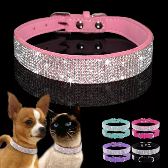 Collares para gatos y perros de cristal de cuero para bulldog francés Rosa XS M