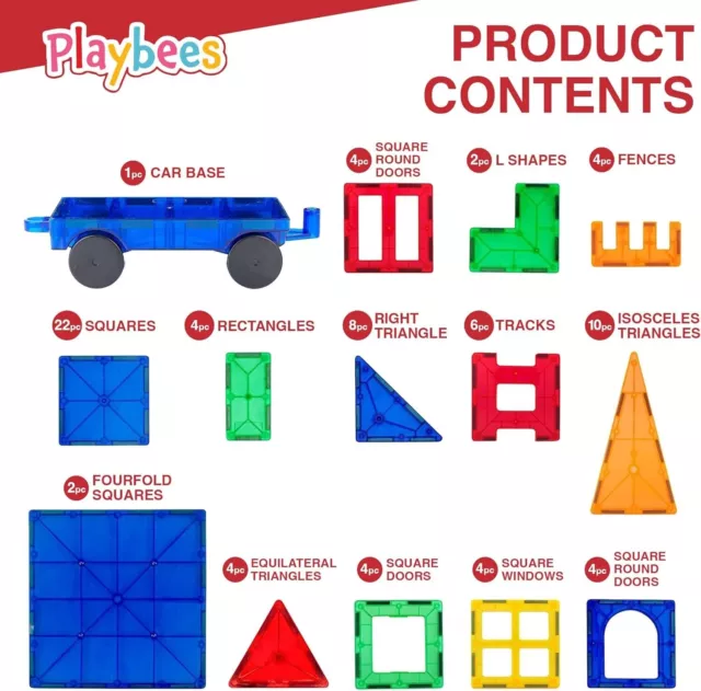 Playbees Magnetic Building Tiles 100 Piece Set  Magnet Building Blocks for Kids 3