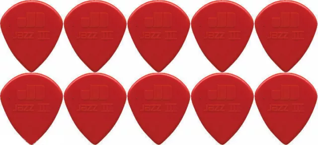 10 x Dunlop Nylon Jazz 3 Red Guitar Picks Sharp Tip Jazz III Free Post