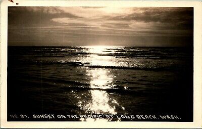 RPPC Sunset on Pacific Ocean Long Beach Washington WA UNP Postcard UNP
