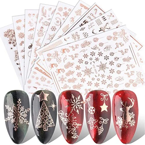 Pegatinas para uñas de Navidad, 9 hojas calcomanía para uñas autoadhesiva copo de nieve oro rosa