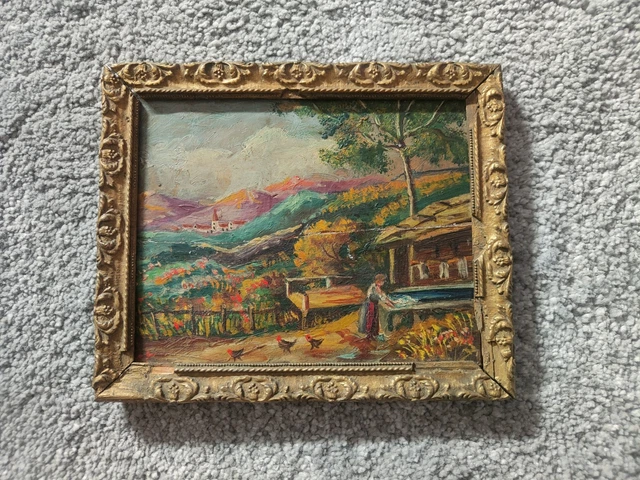 TABLEAU ANCIEN PAYSAGE marin village bord de mer peinture signée