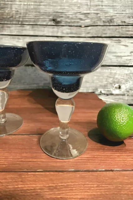 2 Artland Slate Blue Iris Margarita Cocktail Glasses Thick Blown Glass  7"