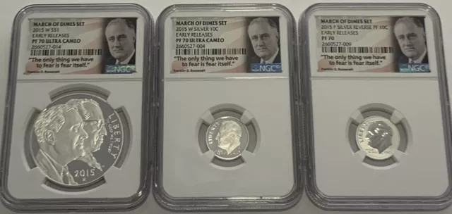 2015 W P Ngc Pf70 Uc Early Releases Proof Silver 3 Coin March Of Dimes Set