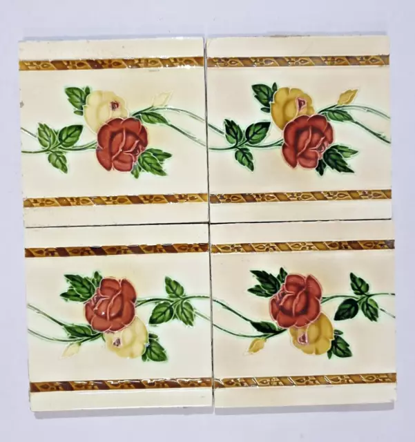 4 piece  x VINTAGE MAJOLICA TILE Japan - RED & YELLOW ROSE (1550)
